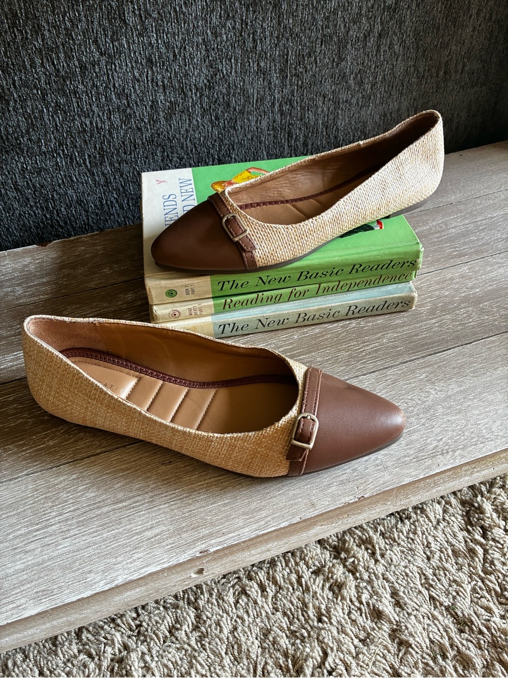 Kelly & Katie Brown and Natural Woven Pointed-Toe Ballet Flats with Buckle